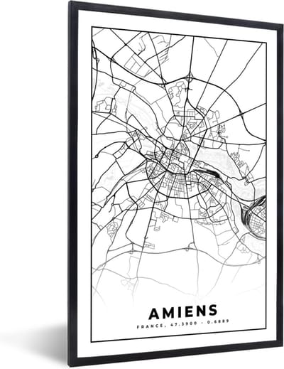 Fotolijst incl. Poster Zwart Wit- Plattegrond - Amiens - Kaart - Frankrijk - Stadskaart - Zwart wit - 40x60 cm - Posterlijst