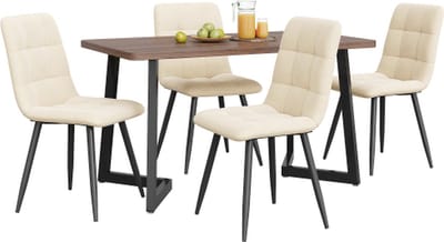 Eetset (5-delig) Eettafel met 4 stoelen Keukentafel set met zwarte metalen poten MDF tafelblad in walnootkleur Beige Fluweel Eetkamerstoelen