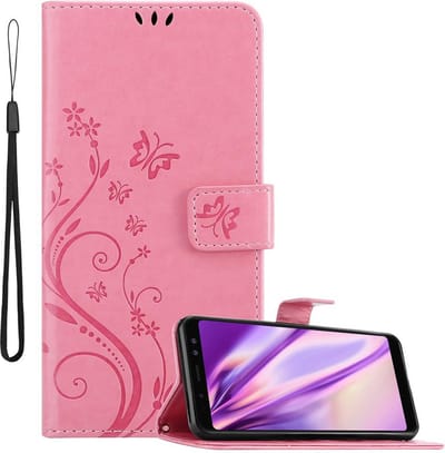 Cadorabo Hoesje geschikt voor Samsung Galaxy A8 2018 in BLOEMEN ROZE - Beschermhoes in bloemmotief met magnetische sluiting, standfunctie en kaartsleuven Book Case Cover Etui
