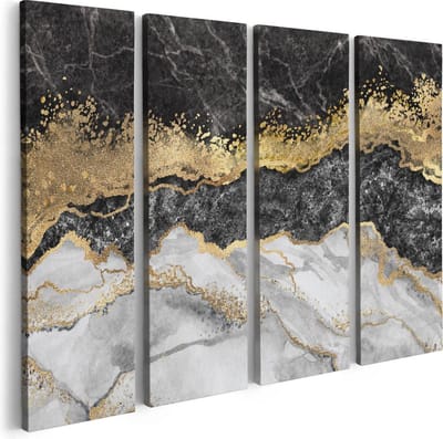 Artaza Canvas Schilderij Vierluik Abstracte Kunst - Zwart met Witte Marmer - 80x60 - Foto Op Canvas - Canvas Print