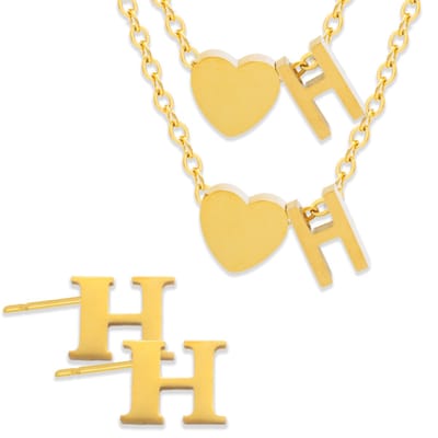 Initiaal Ketting & Armband & Oorbellen set met Letter H Goudkleurig - Stainless Steel - Met letter & Hartje! - 3x Sieraden Cadeau - Pax Amare