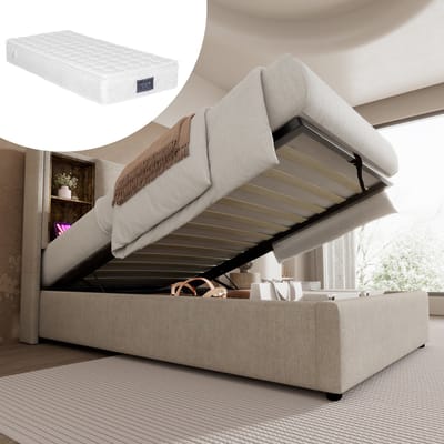 Wishdor – Eenpersoonsbed 90x200 cm – Draadloos Opladen, USB‑C & Opbergruimte – Gestoffeerd Linnen Naturel