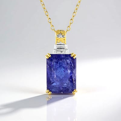 Cavill - Luxe Zilveren Halsketting 925 Sterling met 14,19 ct Tanzaniet & Baguette Zirkonen - Verguld - Achthoekige Smaragd Slijpvorm