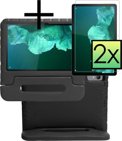 Hoes - Geschikt voor Lenovo Tab P11 Plus - Met 2x Screenprotector - Kinderhoes Shockproof Bumper - Kidsproof Case - Tablet Hoesje - Kinder Cover - Zwart