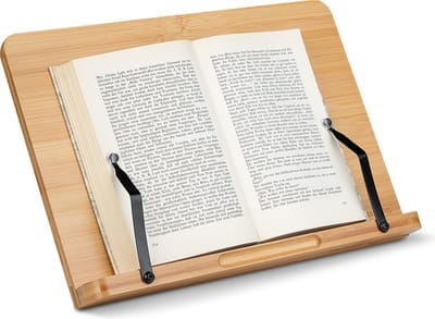 Navaris houten boekenstandaard en tablethouder - 34 x 24 cm - 2 verstelbare paginaklemmen - Bruin