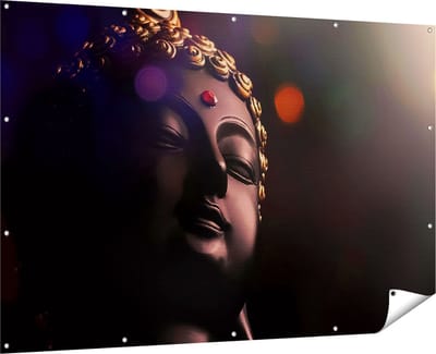 Gards Tuinposter Boeddha Beeld met Gouden Sierraden - 180x120 cm - Tuindoek - Tuindecoratie - Wanddecoratie buiten - Tuinschilderij