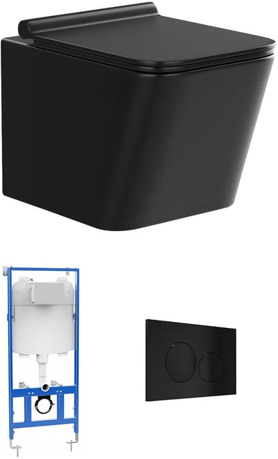 Vente-unique Set voor hang-wc van mat zwart keramiek met optie voorwandsysteem en ronde bedieningsplaat - CLEMONA