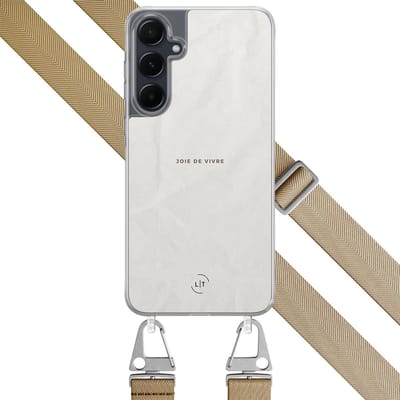 Hoesje met koord - Geschikt voor Samsung Galaxy A54 - Joie de vivre - Verstelbaar zwart koord - Crossbody - Tekst - Grijs - Leuke Telefoonhoesjes