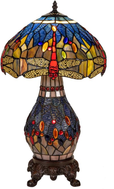 Tiffany tafellamp Libelle - Blauw-amber - Ø 30 cm - Glas in lood - Warm licht - Verlichte voet - Dragonfly | RORUVERA