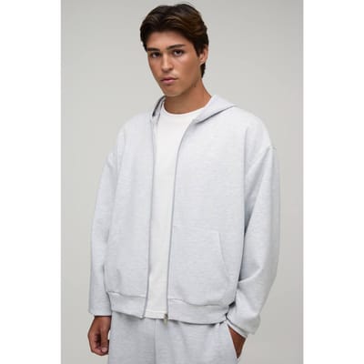 Oversized Boxy Hoodie Met Rits Van Gebonden Scuba-stof | Grey Marl | Size XL