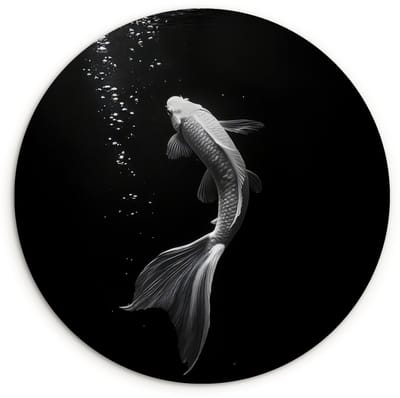 WallCircle® Wandcirkel 120x120 cm - Muurcirkel Koi - Vis - Wit - Zwart - Muurdecoratie woonkamer - Wanddecoratie slaapkamer - Kamer decoratie accessoires - Ronde schilderijen XXL