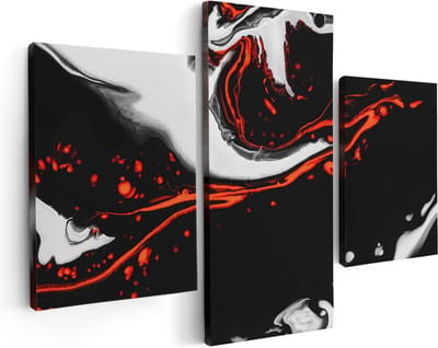 Artaza Canvas Schilderij Drieluik Abstracte Kunst - Zwart en Wit met Rood - 90x60 cm - Wanddecoratie Woonkamer - Schilderijen - Muurdecoratie