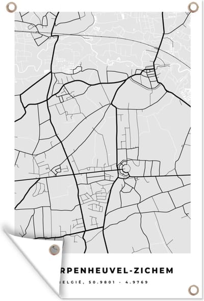 Muurdecoratie Kaart – Plattegrond – Stadskaart – Scherpenheuvel Zichem – België – Zwart Wit - 120x180 cm - Tuinposter - Tuindoek