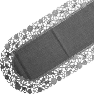 Tafelkleed - Linnenlook - Donker Grijs met blaadjes - Loper 130 cm