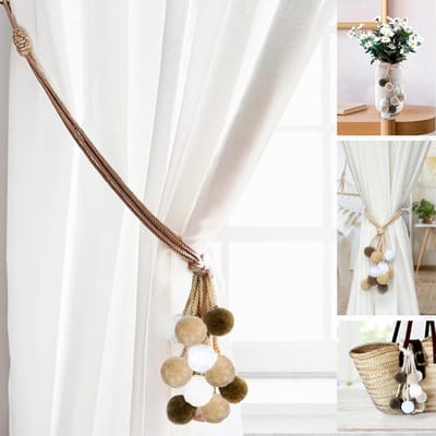 Gordijnbinders met pompons - decoratieve koorden - 2 stuks - bruin en beige - katoen