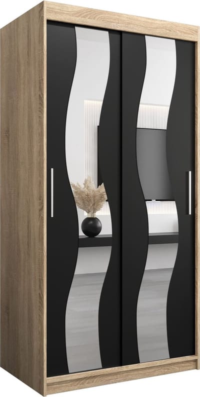 InspireMe - Kledingkast met 2 schuifdeuren, Modern-stijl, Een kledingkast met planken en een spiegel (BxHxD): 100x200x62 - REESE 100 Sonoma Eik + Zwart Mat