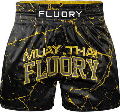 Fluory Muay Thai Kickboks Short Zwart Marmer Goudgeel - XS
