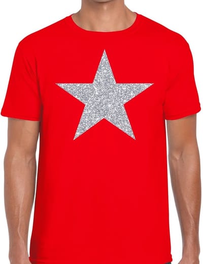 De Ster van de show - verkleed t-shirt - rood - met zilveren ster in glitters - heren - glamour - Disco S