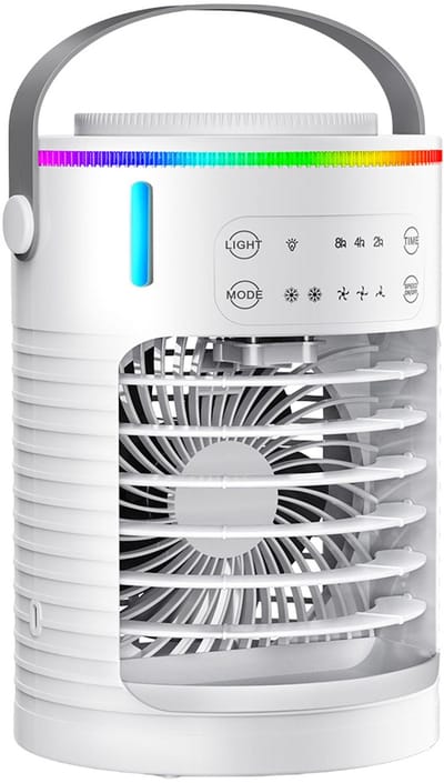 Draagbare aircoventilator – Oplaadbare mini-luchtkoeler (verdampingskoeler) met 3 snelheden, ledverlichting in 7 kleuren, timer (2–8 uur) en luchtbevochtiger – Ideaal voor slaapkamers en bureaus
