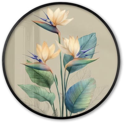 Poster in lijst Rond - Fotolijst 60x60 cm - Posters - Paradijsvogelbloemen - Blauwgroene bladeren - Beige - Ronde posterlijst zwart - Decoratie - Wanddecoratie woonkamer - Muurdecoratie slaapkamer