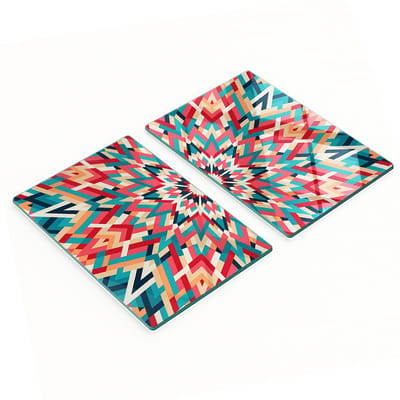 Twee decoratieve snijplanken van gehard glas met caleidoscoopmotief, 2x40x52 cm