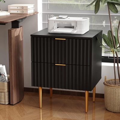 Modern Nachtkastje met USB Oplaadstation - Goud & Hout Design met 2 Laden - Stopcontact & USB Poorten - Nachtkastje voor Slaapkamer Woonkamer Kantoor - Zwart