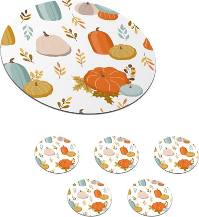 Onderzetters voor glazen - Rond - Pompoen - Herfst - Patroon - 10x10 cm - Glasonderzetters - 6 stuks