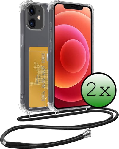 Hoes Geschikt voor iPhone 12 Hoesje Pas Houder Shock Proof Case Hoes Met Koord - Hoesje Geschikt voor iPhone 12 Hoes Met Telefoonkoord Pasjeshouder Cover - Transparant - 2 Stuks