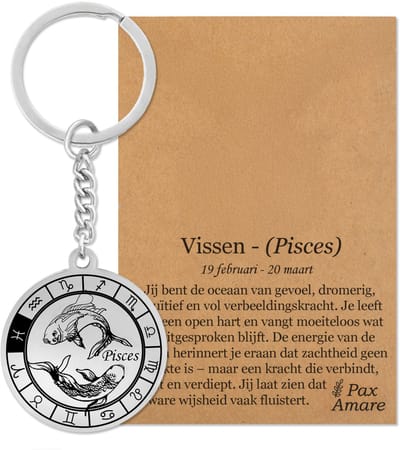 Sterrenbeeld Vissen (Pisces) Sleutelhanger op Cadeau Kaartje – Spiritueel Cadeau van Roestvrij Staal – Zilverkleurig – Pax Amare