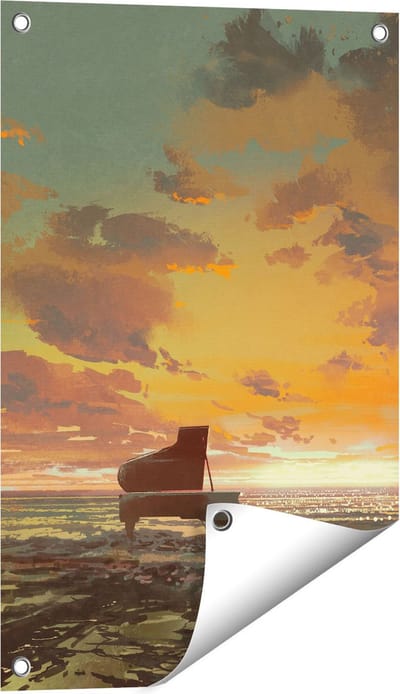 Gards Tuinposter Piano op het Strand bij Zonsondergang - 40x60 cm - Tuindoek - Tuindecoratie - Wanddecoratie buiten - Tuinschilderij
