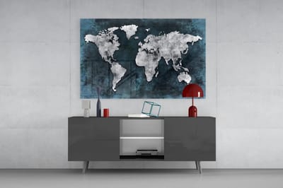 Glasschilderij - Wereldkaart - Blauw - Grijs - 140x90 cm