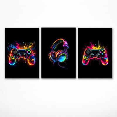 Foto op poster - Set 3 Stuks - Game Room Decor Posters - Neon Gaming Accessories - Controller & Headset - A3 – 29,7 × 42 cm - Muurdecoratie voor kinderen - Wanddecoratie voor jongens slaapkamer - Exclusief fotolijst