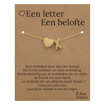 Letter X Armband op Cadeau Kaartje - Een letter, een belofte - 15,5cm + 5,5cm verstelbaar Goudkleurig Stainless Steel - Initiaal & Hartje Hanger - Pax Amare