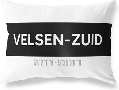 Tuinkussen VELSEN-ZUID - NOORD-HOLLAND met coördinaten - Buitenkussen - Bootkussen - Weerbestendig - Jouw Plaats - Studio216 - Modern - Zwart-Wit - 50x30cm
