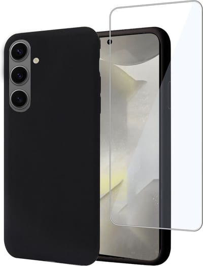 Geschikt voor Samsung Galaxy S24 - Hoesje + Screenprotector – Gehard Glas Cover - Suède Case Zwart