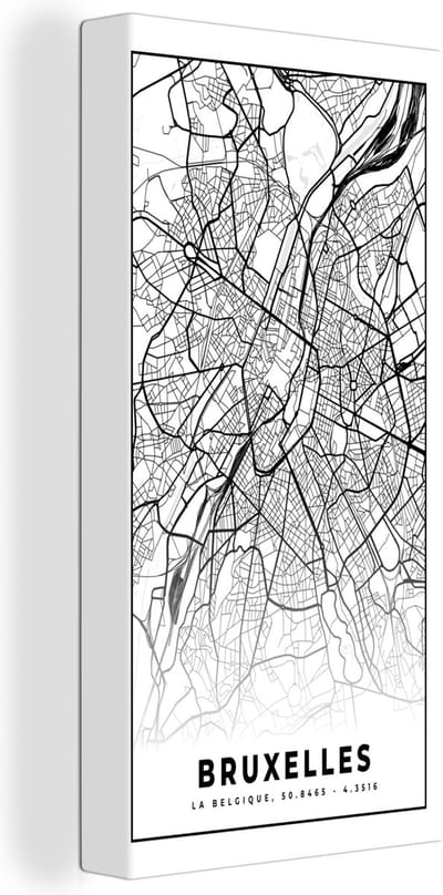 Canvas Schilderij Stadskaart – Zwart Wit - Kaart – Bruxelles – België – Plattegrond - 20x40 cm - Wanddecoratie