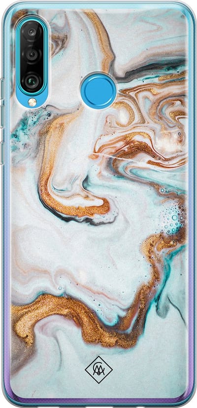 Casimoda® hoesje - Geschikt voor Huawei P30 Lite - Marmer Blauw Goud - Siliconen/TPU - Soft Case - Blauw - Marmer