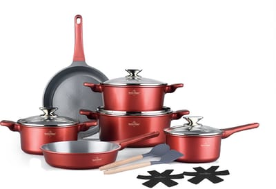 Swiss Haus® BP3014BU Pannenset Inductie - 14 Delige Pannensets - PFAS Vrij - Set Met Koekenpannen, Kookpotten & Steelpan - Pannen Voor Alle Warmtebronnen - Pan met Sapphire™ Antiaanbaklaag - Bordeaux