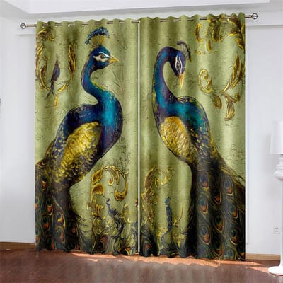 Vintage Pauw op de Bloemenboom 3D Digitaal Print Slaapkamer Woonkamer Raamgordijnen 2 Panelen 100W130H(CM)40x51in&Grommet Top