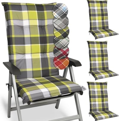Beautissu Sunny GR – Set van 4 Tuinkussens Hoge Rug 120x50 cm met UV-lichtechtheid Comfortabele Tuinstoel Zitkussen Geel geruit