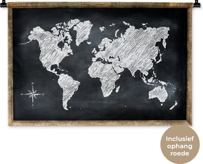 Wandkleed WereldkaartenKerst illustraties - Witte wereldkaart met strepen op een krijtbord Wandkleed katoen 90x60 cm - Wandtapijt met foto