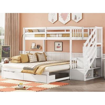 ModernLuxe Houten stapelbed - 90x200cm + 90/180x200cm - 2 lades en planken - 2 lattenbodems - Wit