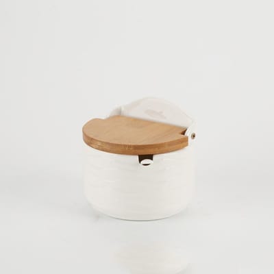 Keramische Kruidenpotjes met Bamboe Deksel Keuken Suiker Zout Specerijen Opbergdoos Met Lepel Huishoudcontainer Witte Suikerdoos beige
