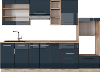 Vicco Fame-Line Complete keukeneenheid – 280 cm, WB Eik Donkerblauw hoogglans/gouden eik