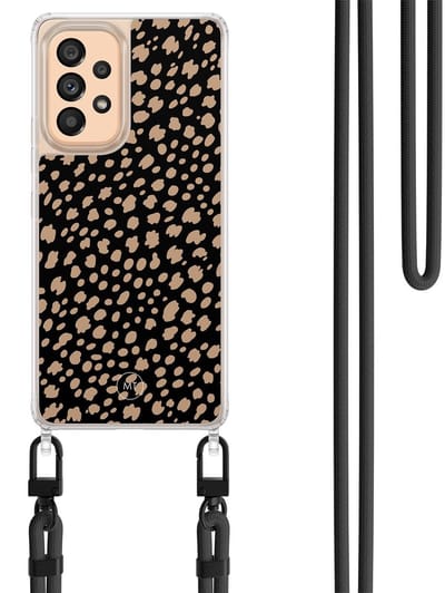 Hoesje met koord geschikt voor Samsung Galaxy A52 5G - Savannah spots - Inclusief Zwart koord - Crossbody beschermhoes - Transparant, Zwart, Bruin - Mooie Telefoonhoesjes