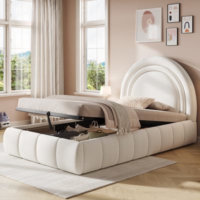 Kinderbed 90 x 200 cm - met halfcirkelvormig zacht hoofdeinde - met opbergruimte - beige - fluweel - zonder matras