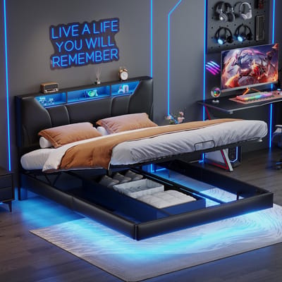 Opbergbed 160x200cm – Zwart Tweepersoonsbed met LED Lichtstrip, USB Oplaadpoort en Praktische Opslag