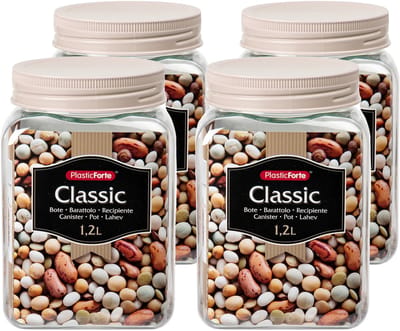Plasticforte keuken voorraadpot - 4x - weckpotten - kunststof - beige - 1200 ml - met deksel - 10 x 15 cm - inmaakpotten