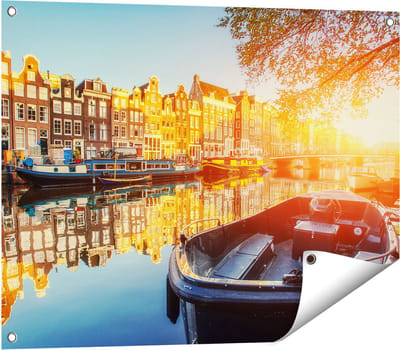 Gards Tuinposter Amsterdamse Brug - Gracht - met Bloemen - 80x60 cm - Tuindoek - Tuindecoratie - Wanddecoratie buiten - Tuinschilderij