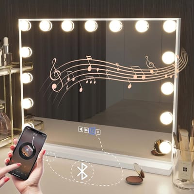 Verlichte Bluetooth Make-up Spiegel met LED Lampen en USB Oplaadpoort - Grote Hollywood Dresse Spiegel met 3 Kleurtemperaturen